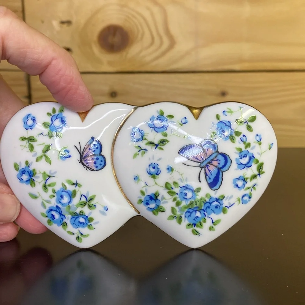 Made in Japan ceramic hand painted heart shaped trinket box cottagecore ditsy